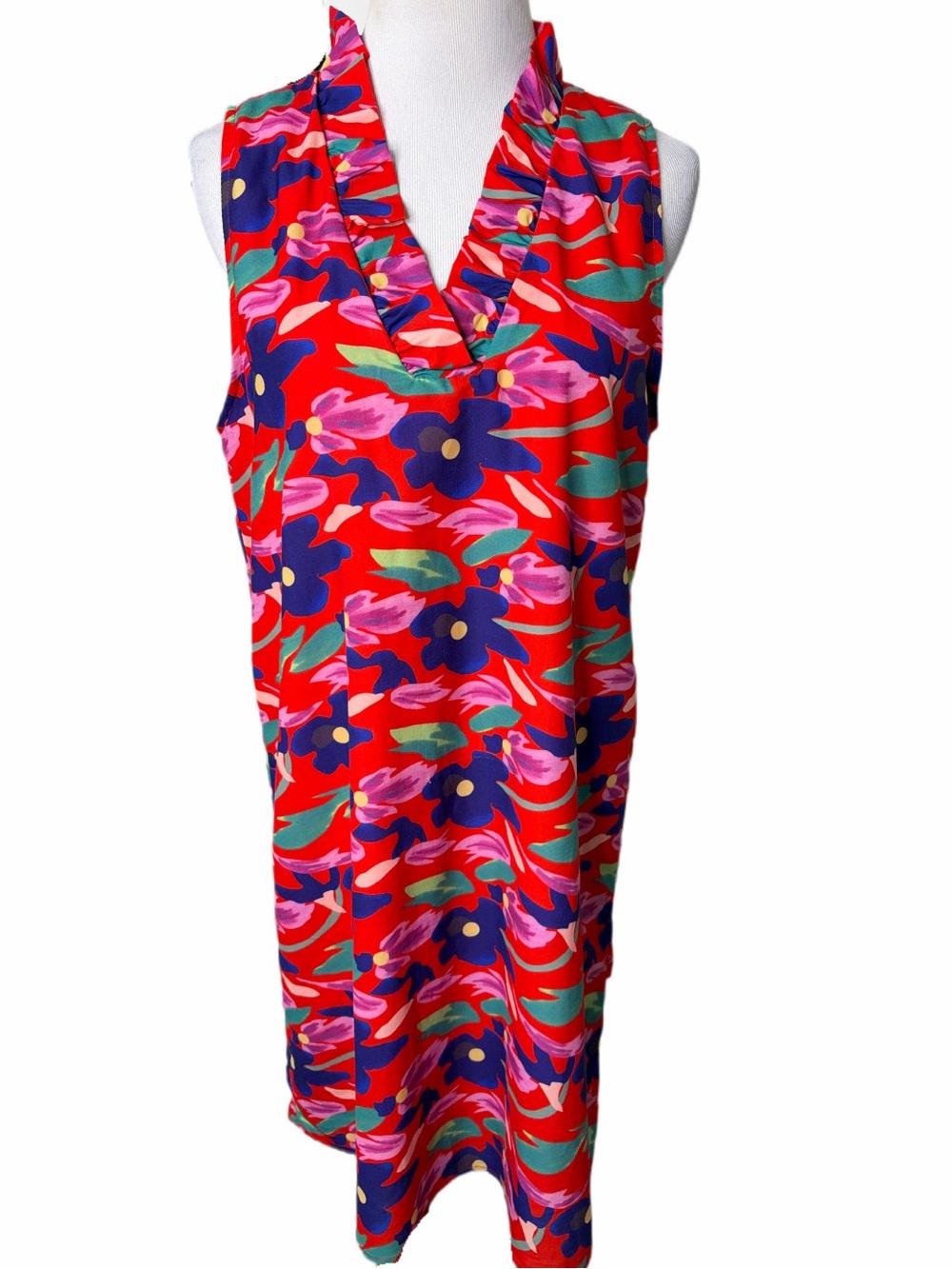 FSL Apparel Ruffle Trim Sleeveless Floral Print Shift Dress